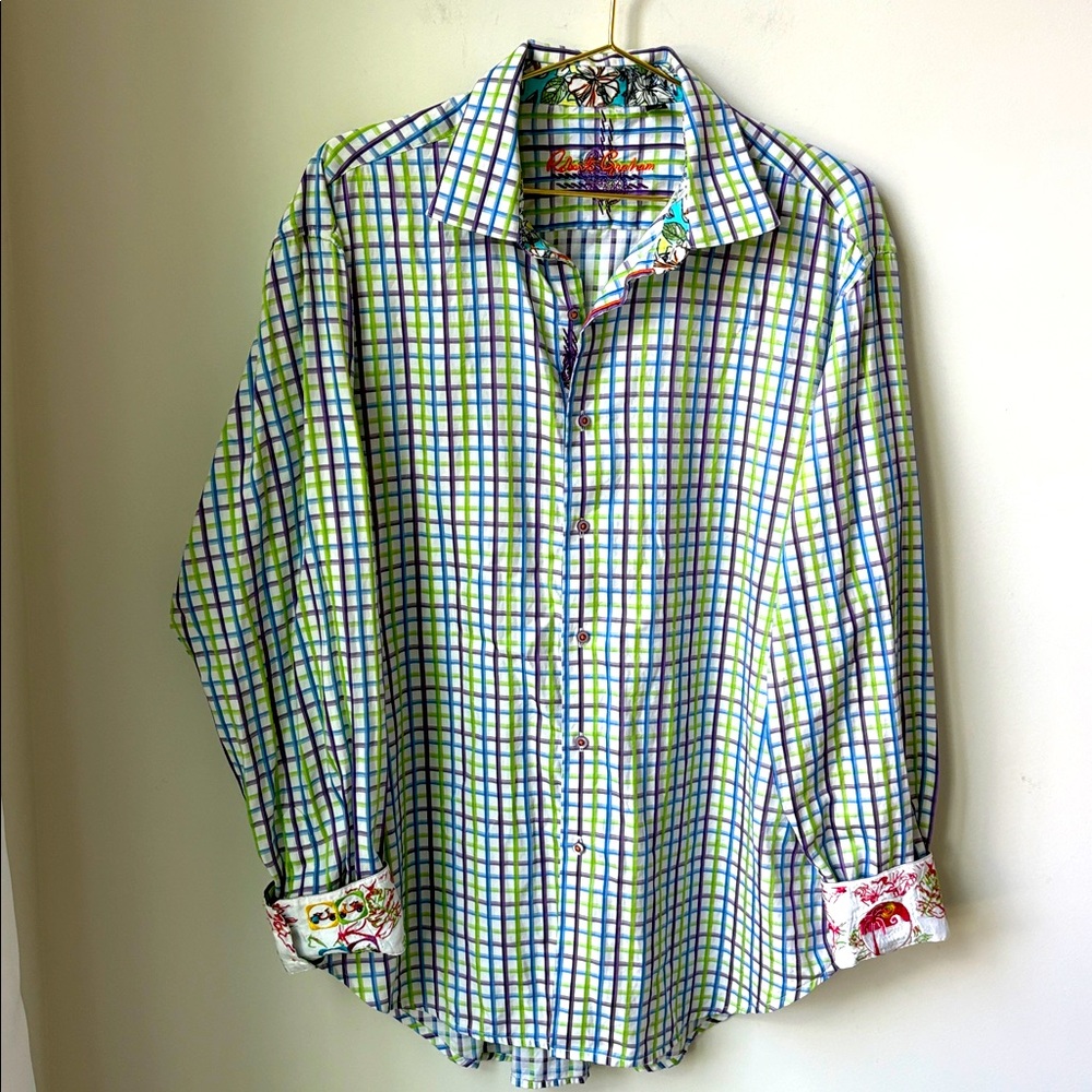 Robert Graham Plaid Aloha Vespa Scooter Shirt in Blue Purple Green Plaid Size XL